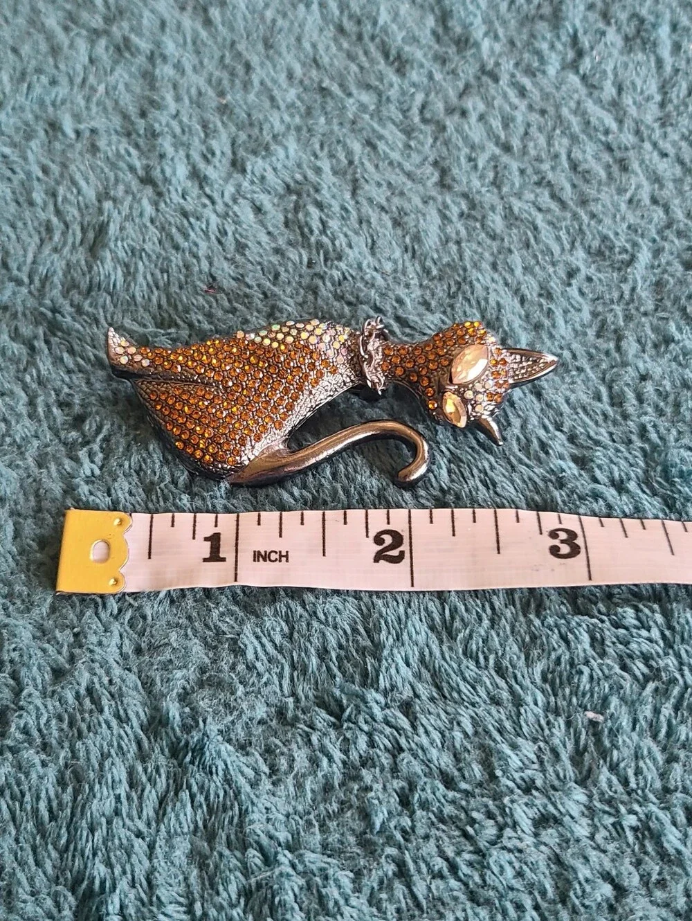 Crystal Cat Brooch Pin With Amber and Iridescent Stones